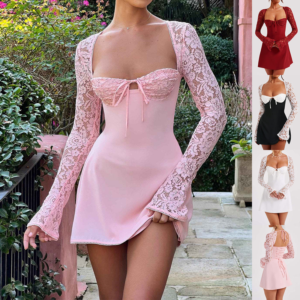 Y2K  Lace Long Sleeve Dress Fashion Sexy Corset Backless Lace Up Short Dresses Womens Clothing